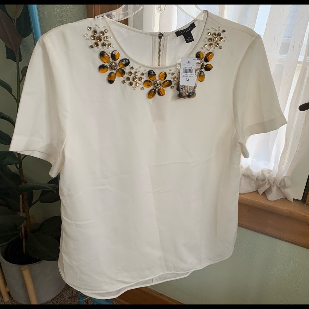 Ann Taylor Beaded Blouse White NWT Size M
